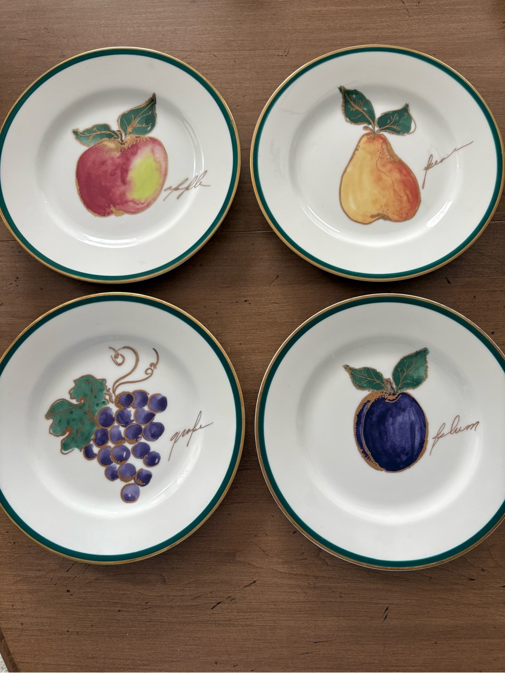 Crate&Barrel Fruit Motif Dessert Plates in White, Green and Gold (Set of 4)